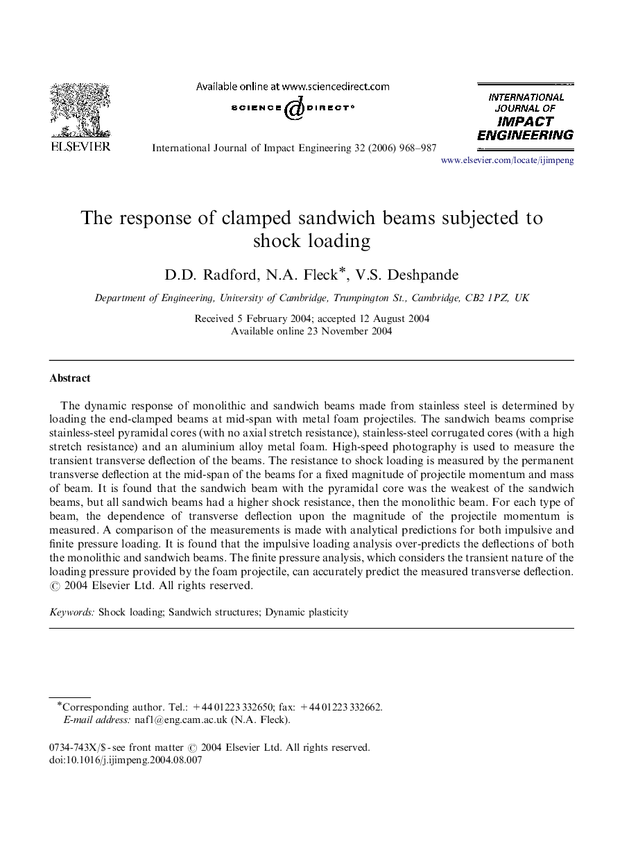 The response of clamped sandwich beams subjected to shock loading