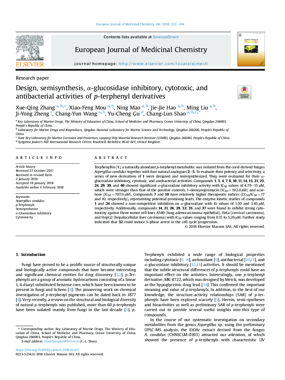 Design, semisynthesis, Î±-glucosidase inhibitory, cytotoxic, and antibacterial activities of p-terphenyl derivatives