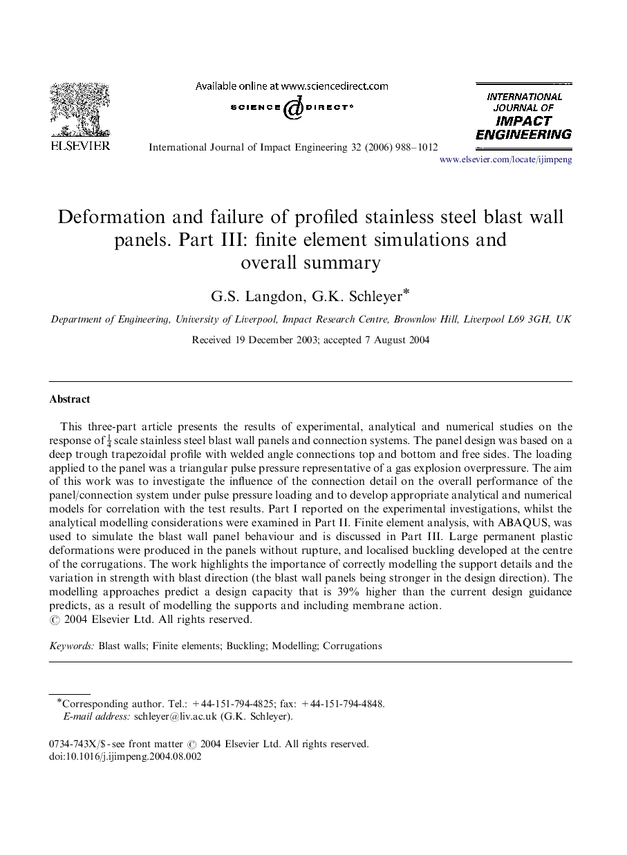 Deformation and failure of profiled stainless steel blast wall panels. Part III: finite element simulations and overall summary