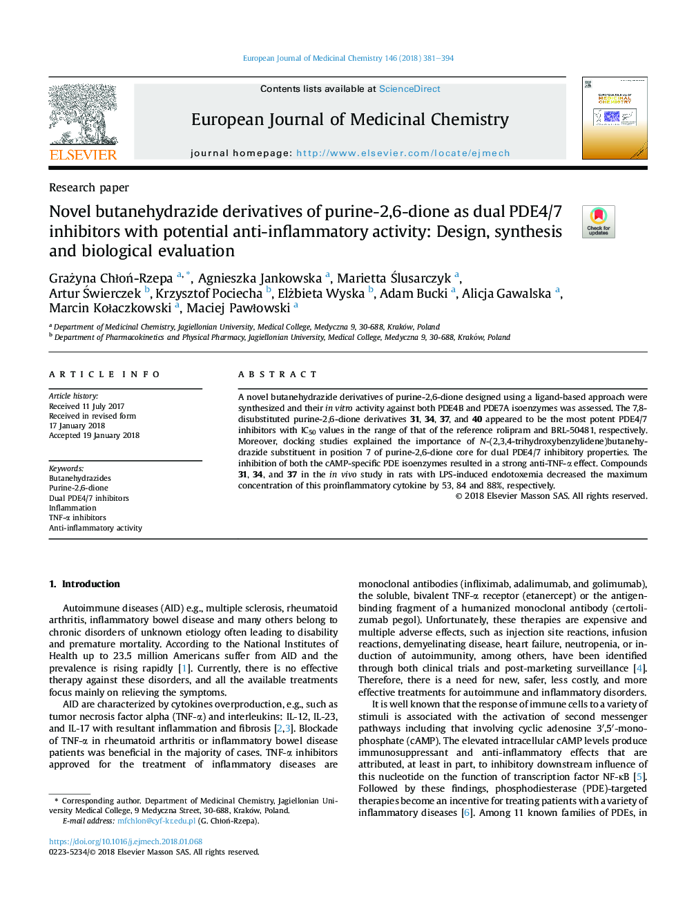 Novel butanehydrazide derivatives of purine-2,6-dione as dual PDE4/7 inhibitors with potential anti-inflammatory activity: Design, synthesis and biological evaluation