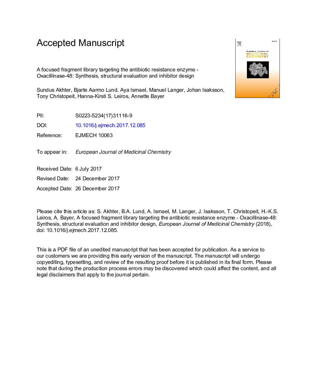 A focused fragment library targeting the antibiotic resistance enzyme - Oxacillinase-48: Synthesis, structural evaluation and inhibitor design