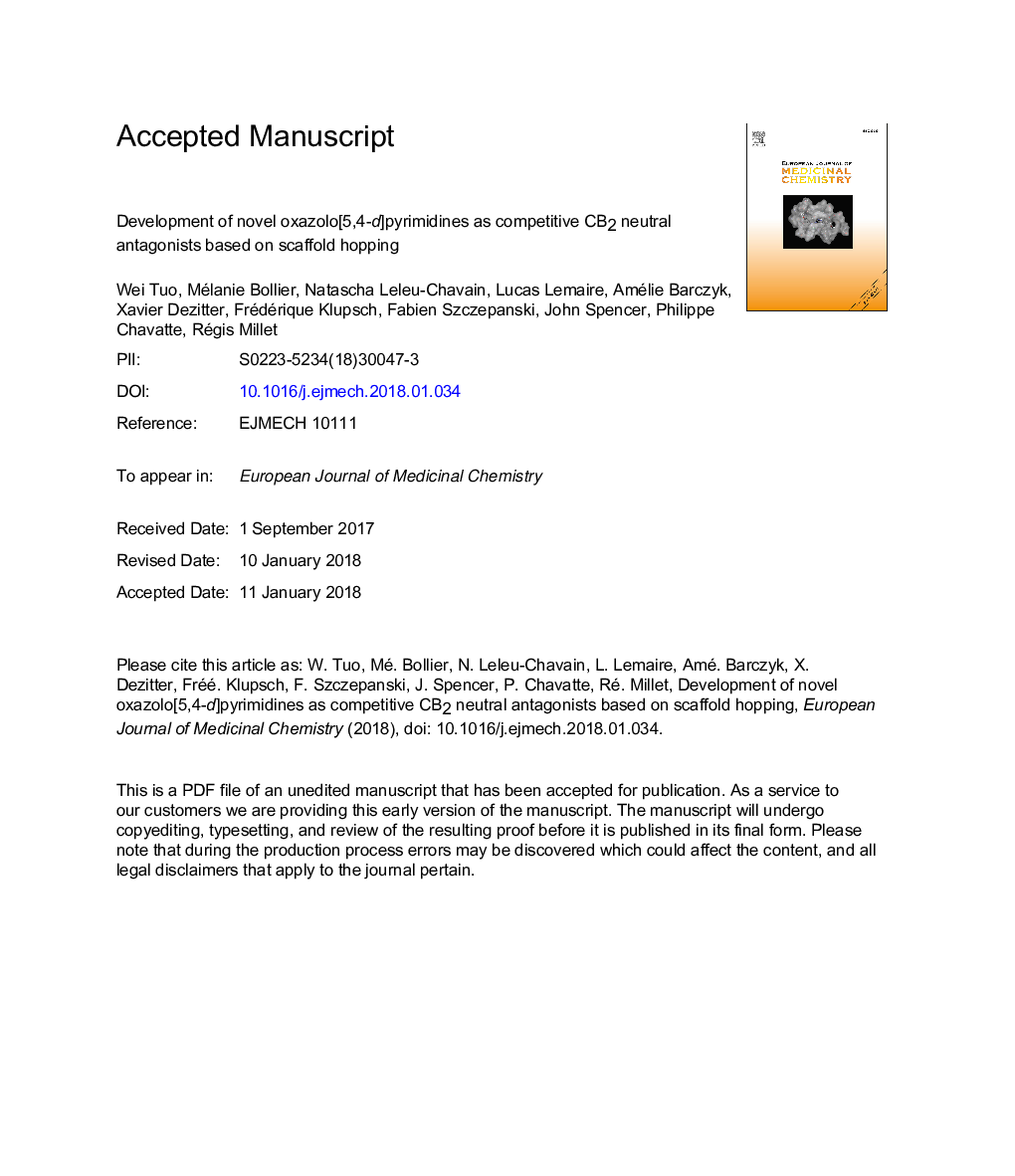 Development of novel oxazolo[5,4-d]pyrimidines as competitive CB2 neutral antagonists based on scaffold hopping