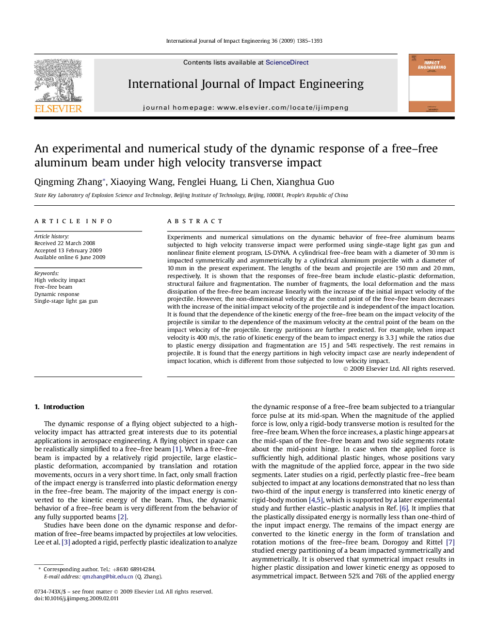 An experimental and numerical study of the dynamic response of a free–free aluminum beam under high velocity transverse impact