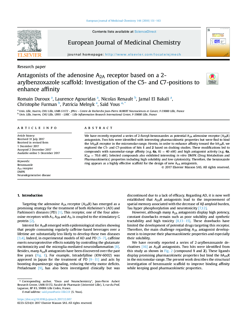 عکس صفحه اول مقاله: Antagonists of the adenosine A2A receptor based on a 2-arylbenzoxazole scaffold: Investigation of the C5- and C7-positions to enhance affinity Antagonists of the adenosine A2A receptor based on a 2-arylbenzoxazole scaffold: Investigation of the C5- and C7-positions to enhance affinity