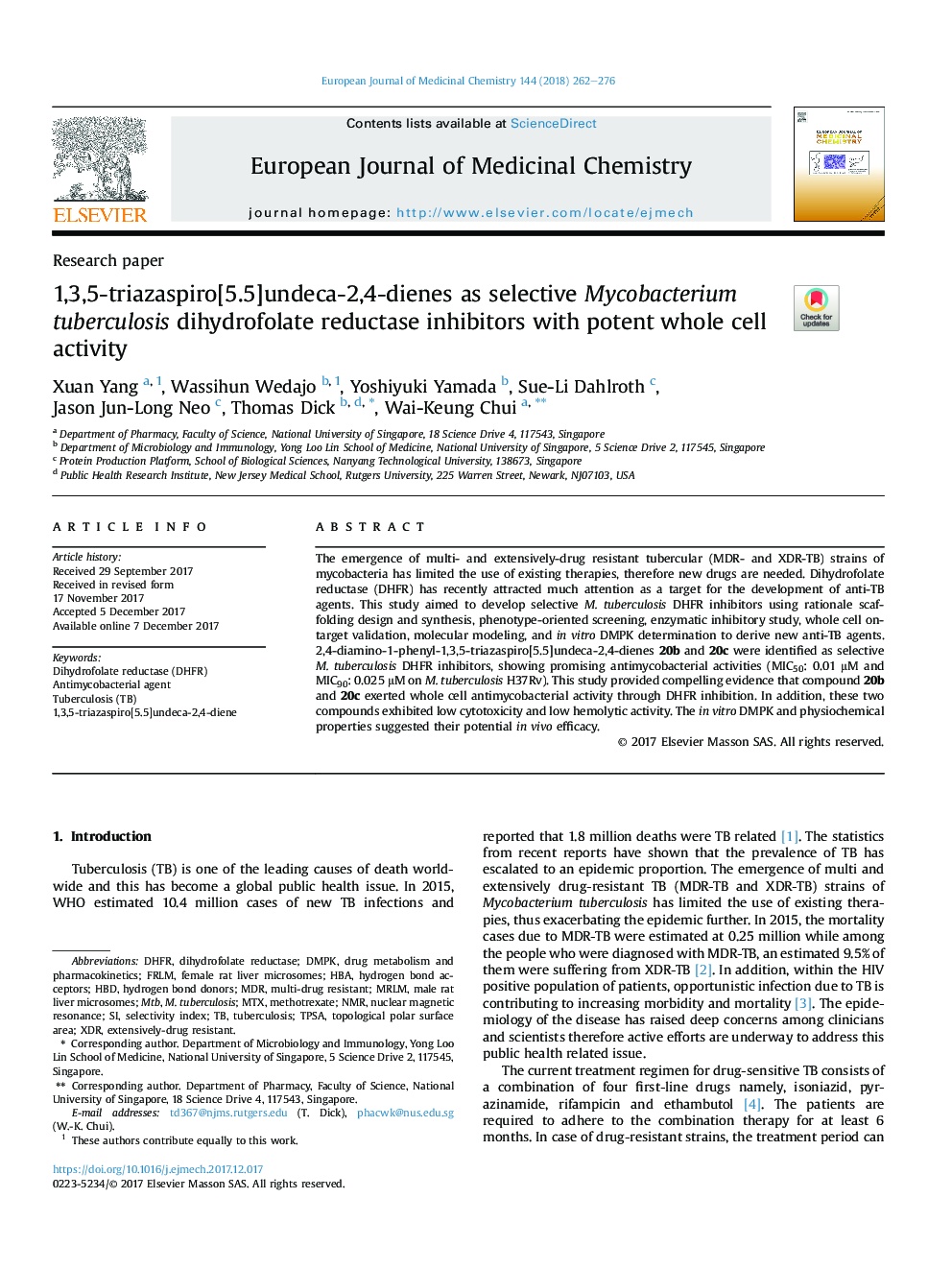 1,3,5-triazaspiro[5.5]undeca-2,4-dienes as selective Mycobacterium tuberculosis dihydrofolate reductase inhibitors with potent whole cell activity