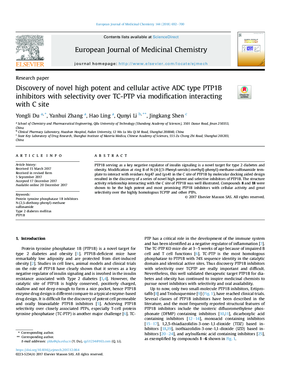 عکس صفحه اول مقاله: Discovery of novel high potent and cellular active ADC type PTP1B inhibitors with selectivity over TC-PTP via modification interacting with C site Discovery of novel high potent and cellular active ADC type PTP1B inhibitors with selectivity over TC-PTP via modification interacting with C site