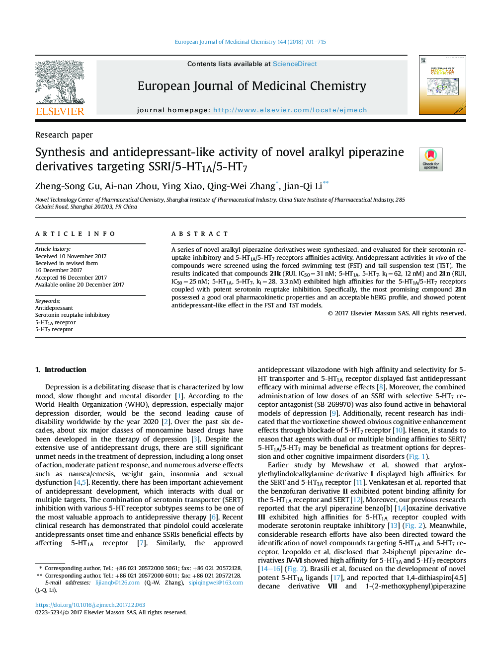 Synthesis and antidepressant-like activity of novel aralkyl piperazine derivatives targeting SSRI/5-HT1A/5-HT7