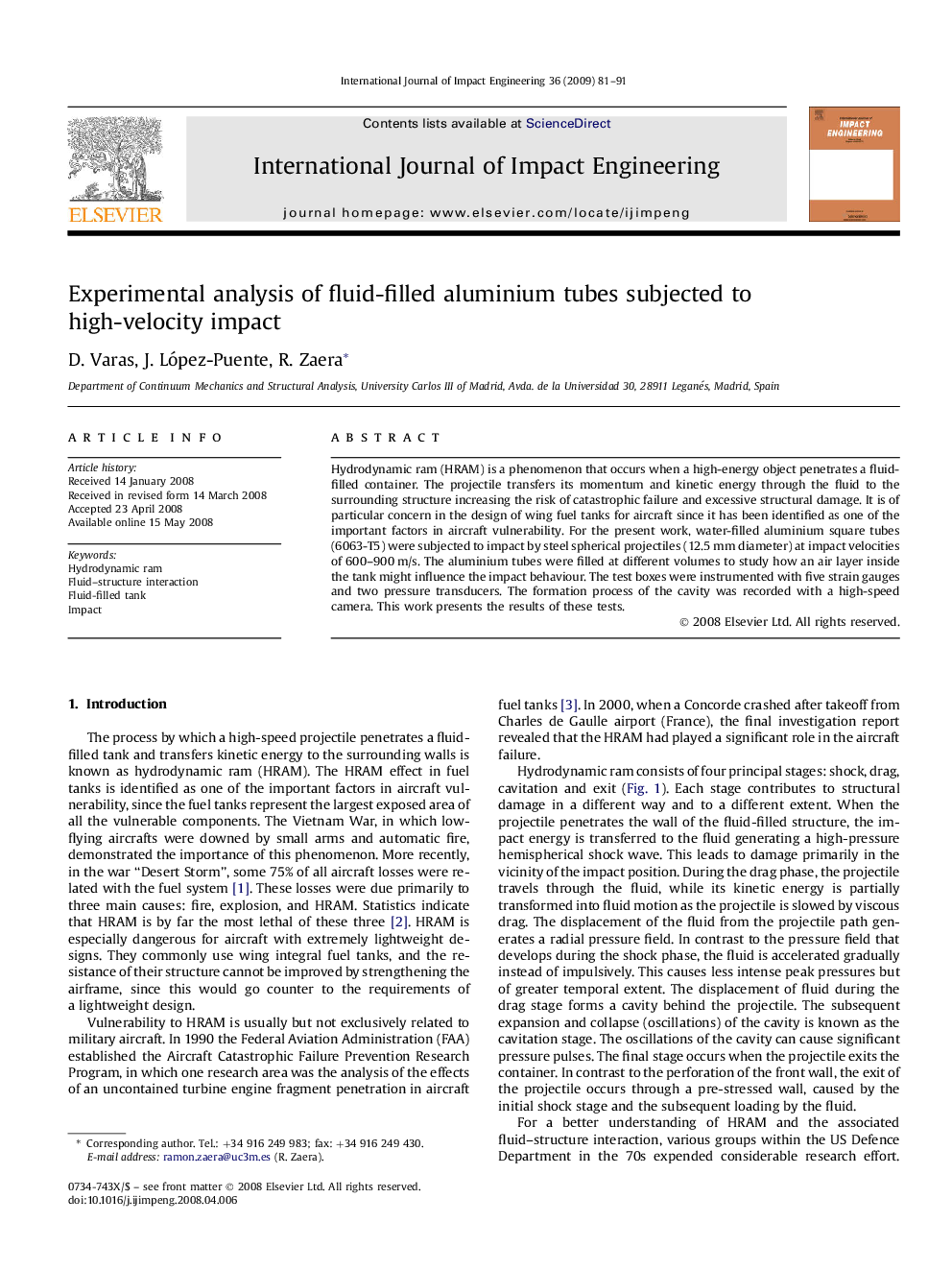 Experimental analysis of fluid-filled aluminium tubes subjected to high-velocity impact