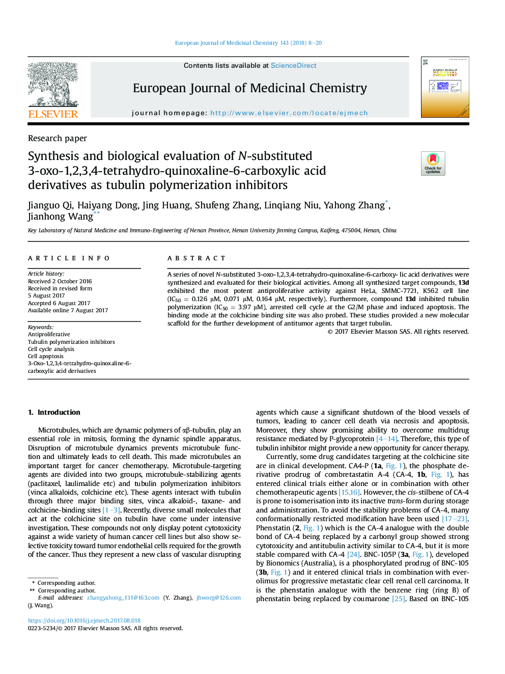 Synthesis and biological evaluation of N-substituted 3-oxo-1,2,3,4-tetrahydro-quinoxaline-6-carboxylic acid derivatives as tubulin polymerization inhibitors
