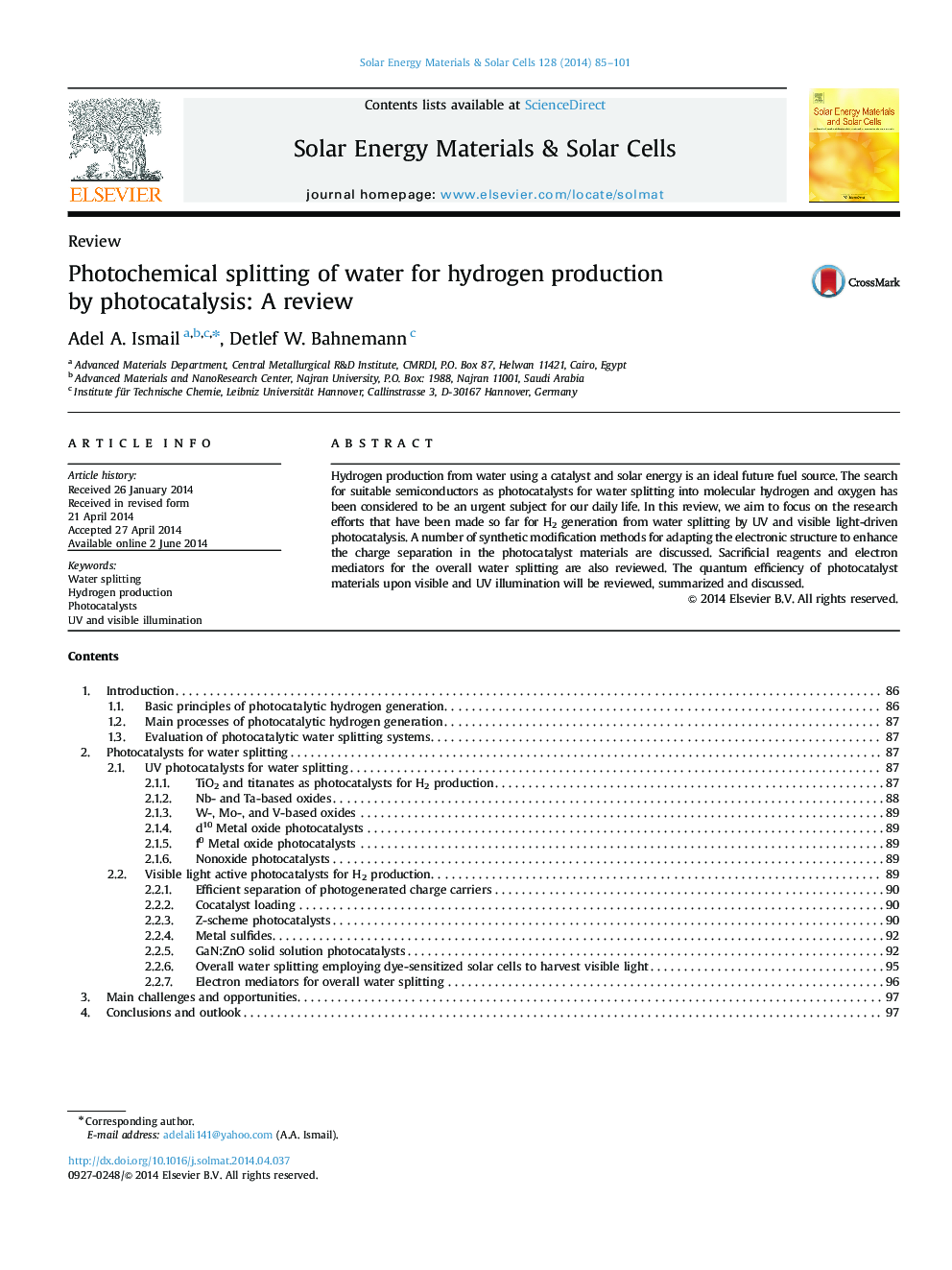 Photochemical splitting of water for hydrogen production by photocatalysis: A review