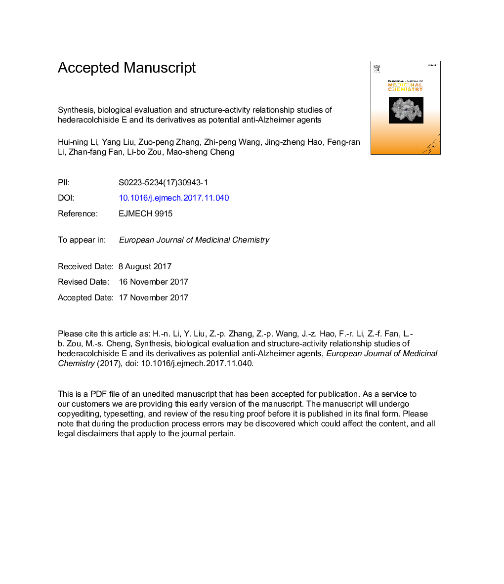 Synthesis, biological evaluation and structure-activity relationship studies of hederacolchiside E and its derivatives as potential anti-Alzheimer agents