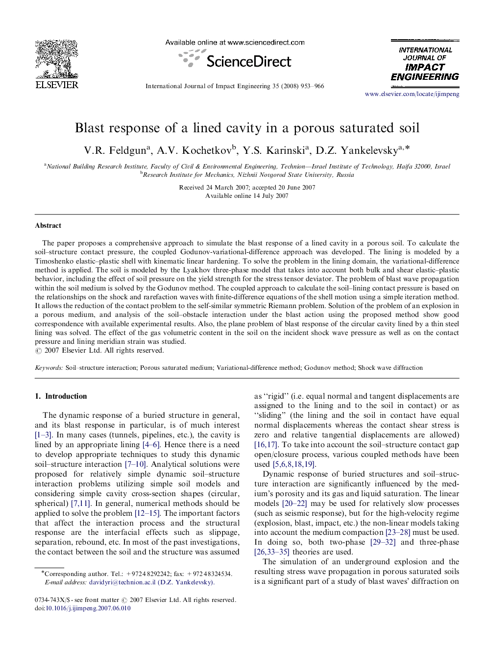 Blast response of a lined cavity in a porous saturated soil