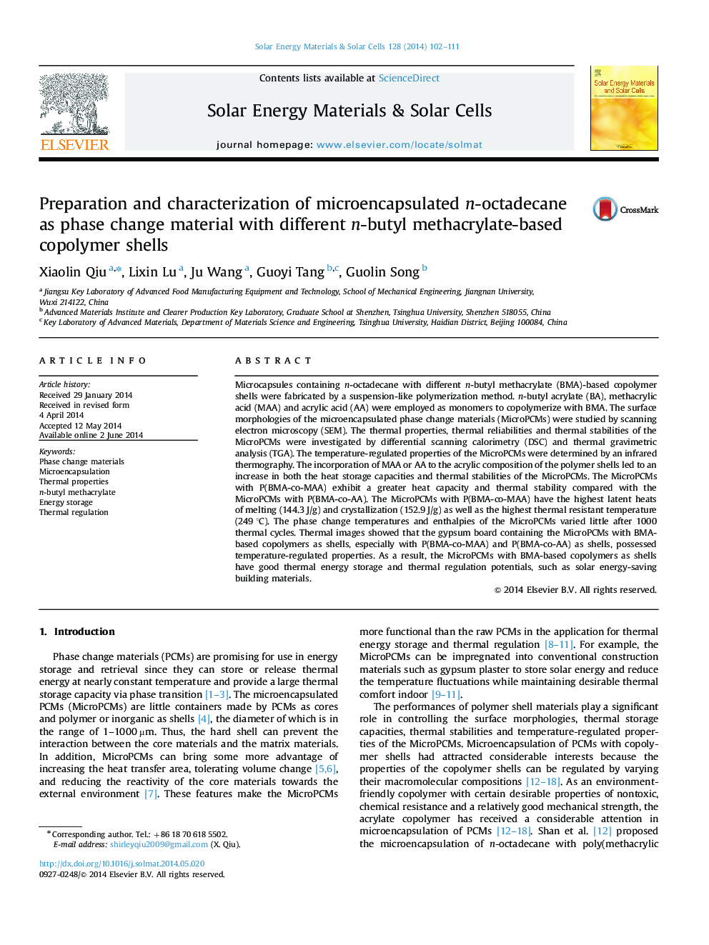 Preparation and characterization of microencapsulated n-octadecane as phase change material with different n-butyl methacrylate-based copolymer shells