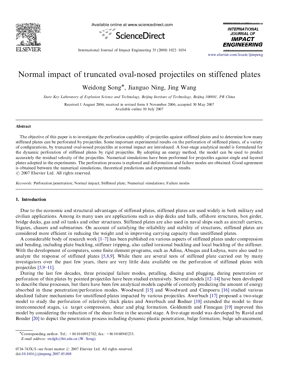 Normal impact of truncated oval-nosed projectiles on stiffened plates