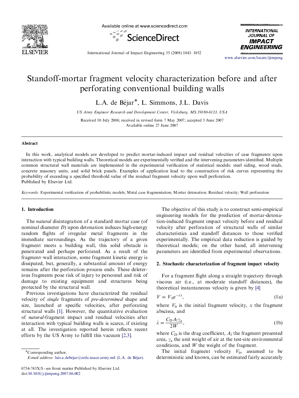 Standoff-mortar fragment velocity characterization before and after perforating conventional building walls