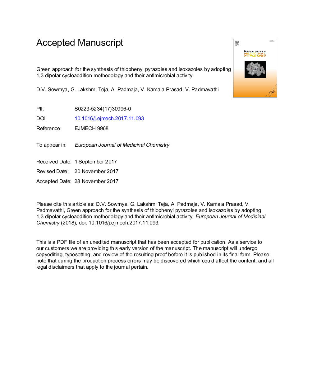 عکس صفحه اول مقاله: Green approach for the synthesis of thiophenyl pyrazoles and isoxazoles by adopting 1,3-dipolar cycloaddition methodology and their antimicrobial activity Green approach for the synthesis of thiophenyl pyrazoles and isoxazoles by adopting 1,3-dipolar cycloaddition methodology and their antimicrobial activity