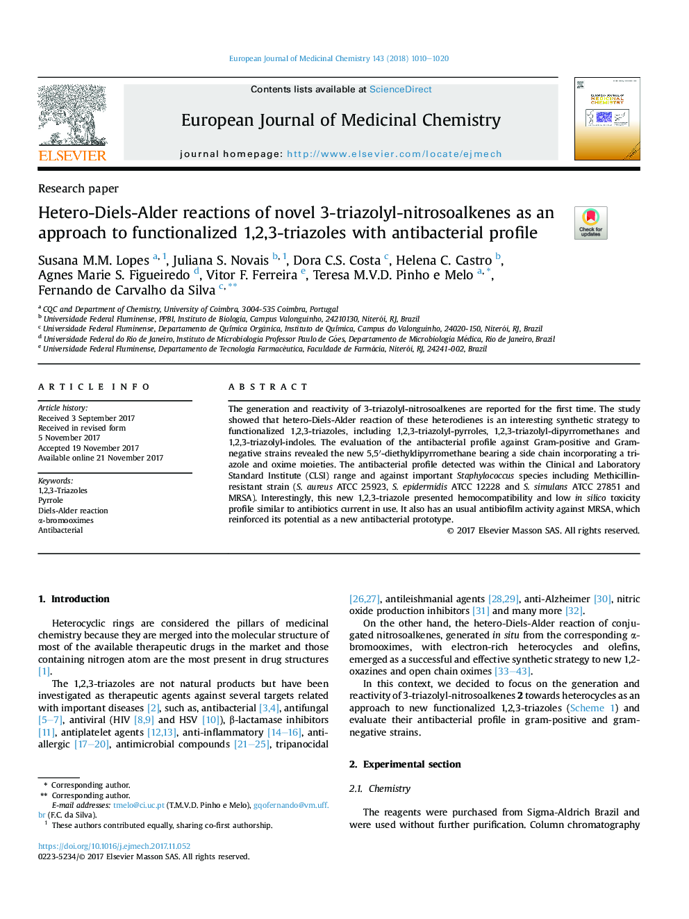 Hetero-Diels-Alder reactions of novel 3-triazolyl-nitrosoalkenes as an approach to functionalized 1,2,3-triazoles with antibacterial profile