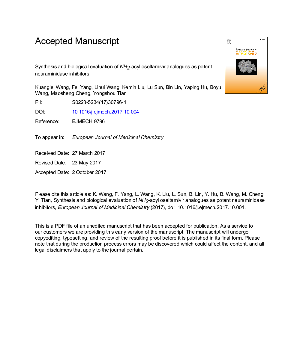 Synthesis and biological evaluation of NH2-acyl oseltamivir analogues as potent neuraminidase inhibitors