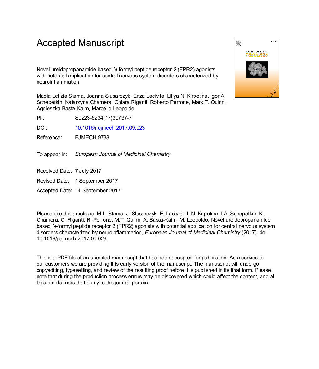 Novel ureidopropanamide based N-formyl peptide receptor 2 (FPR2) agonists with potential application for central nervous system disorders characterized by neuroinflammation