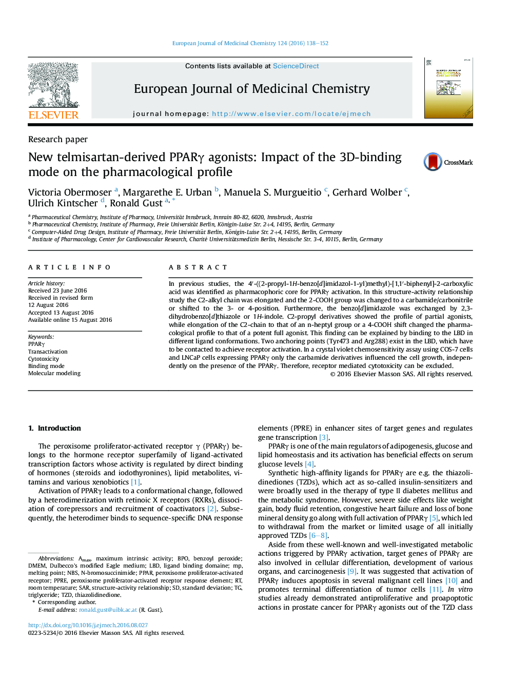 New telmisartan-derived PPARÎ³ agonists: Impact of the 3D-binding mode on the pharmacological profile