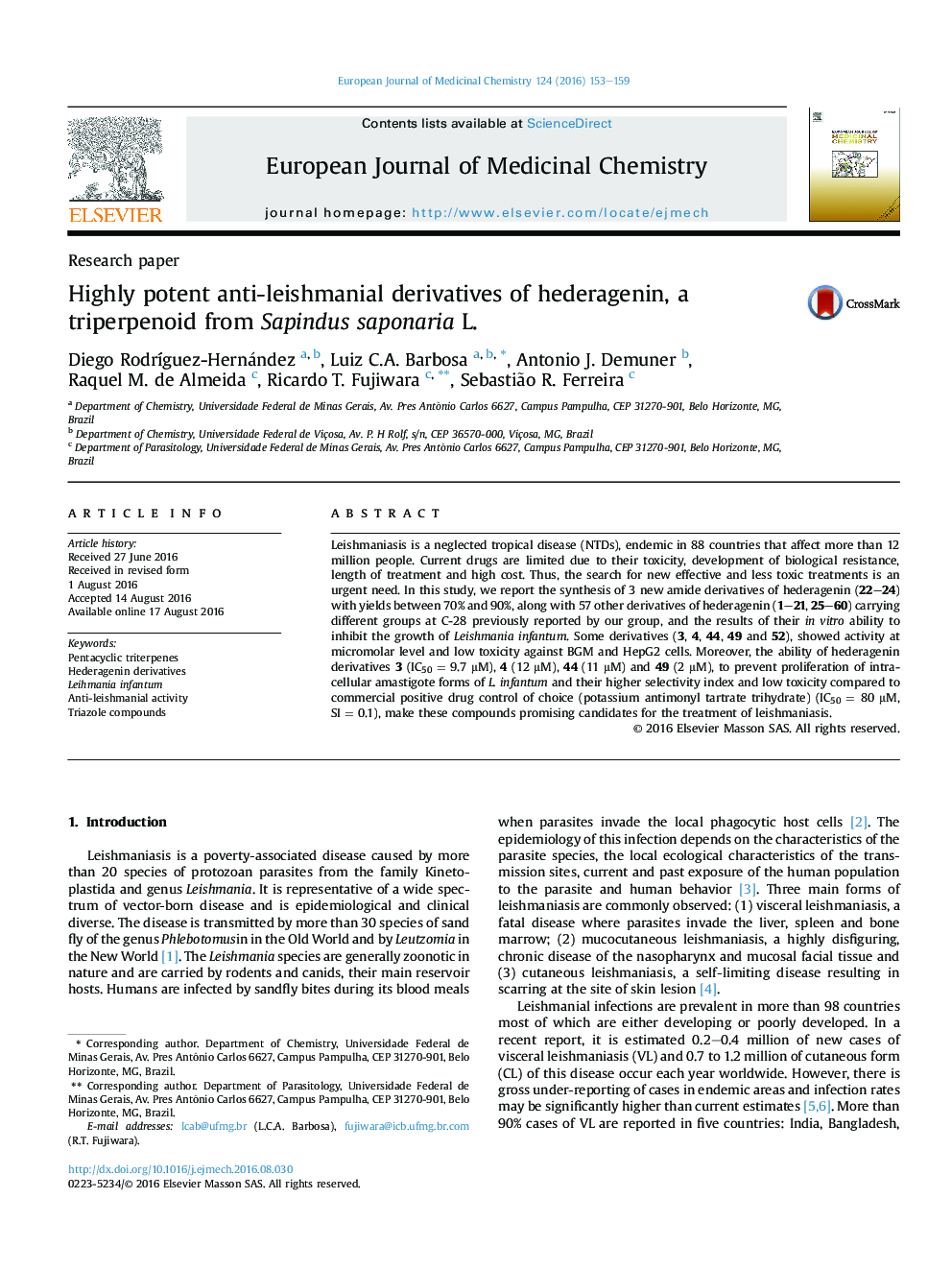 Highly potent anti-leishmanial derivatives of hederagenin, a triperpenoid from Sapindus saponaria L.