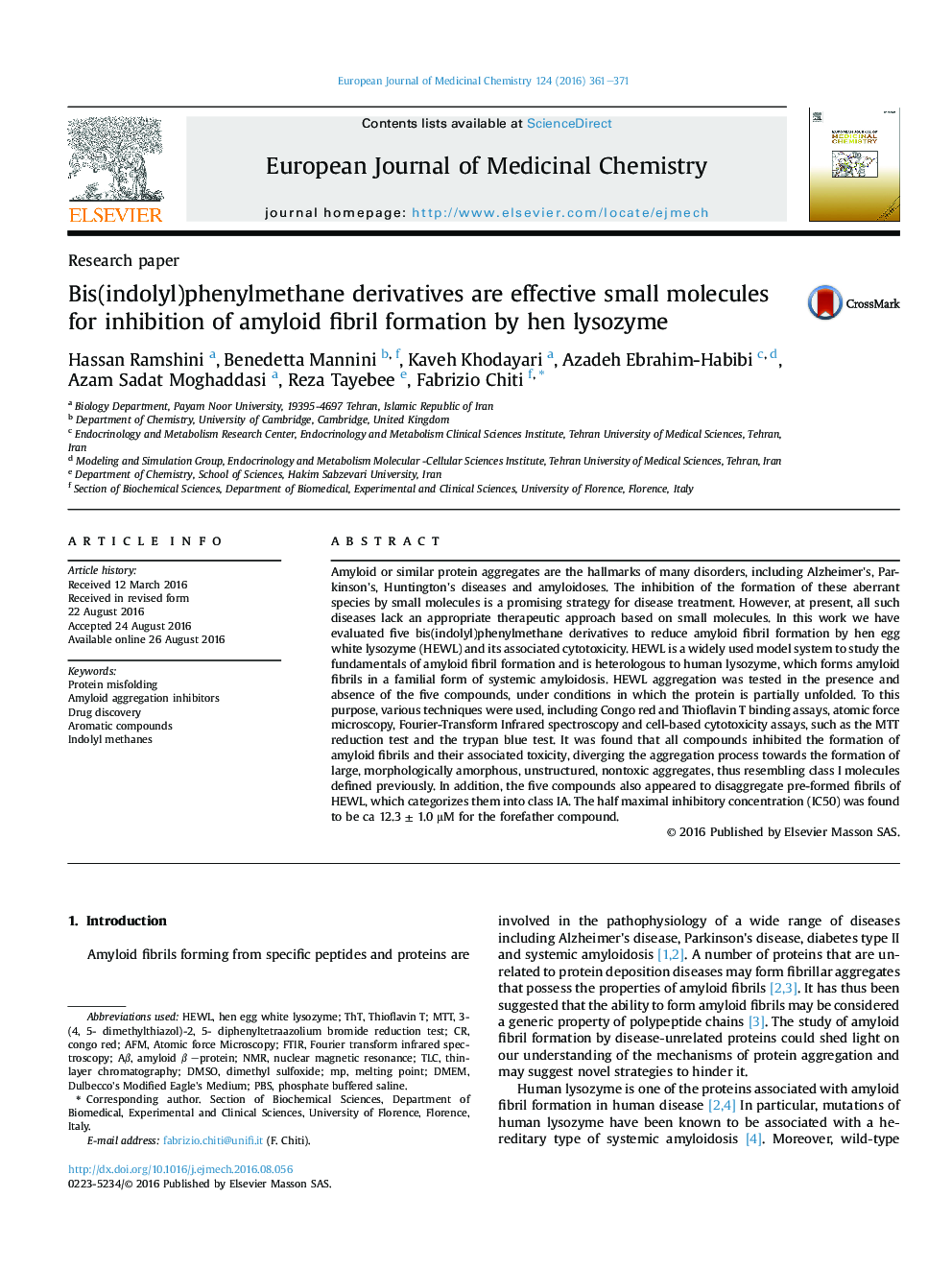 Bis(indolyl)phenylmethane derivatives are effective small molecules for inhibition of amyloid fibril formation by hen lysozyme