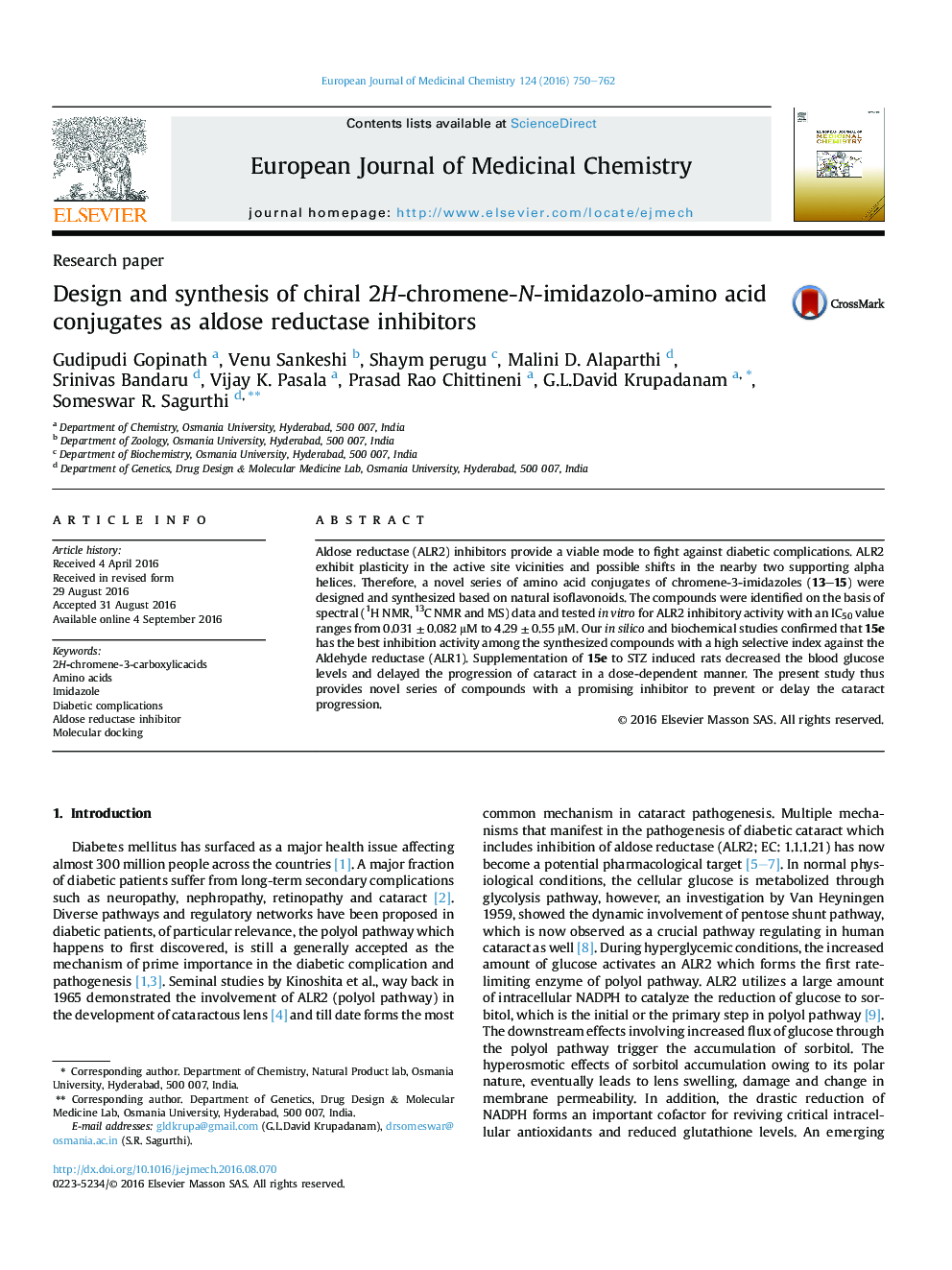 Design and synthesis of chiral 2H-chromene-N-imidazolo-amino acid conjugates as aldose reductase inhibitors