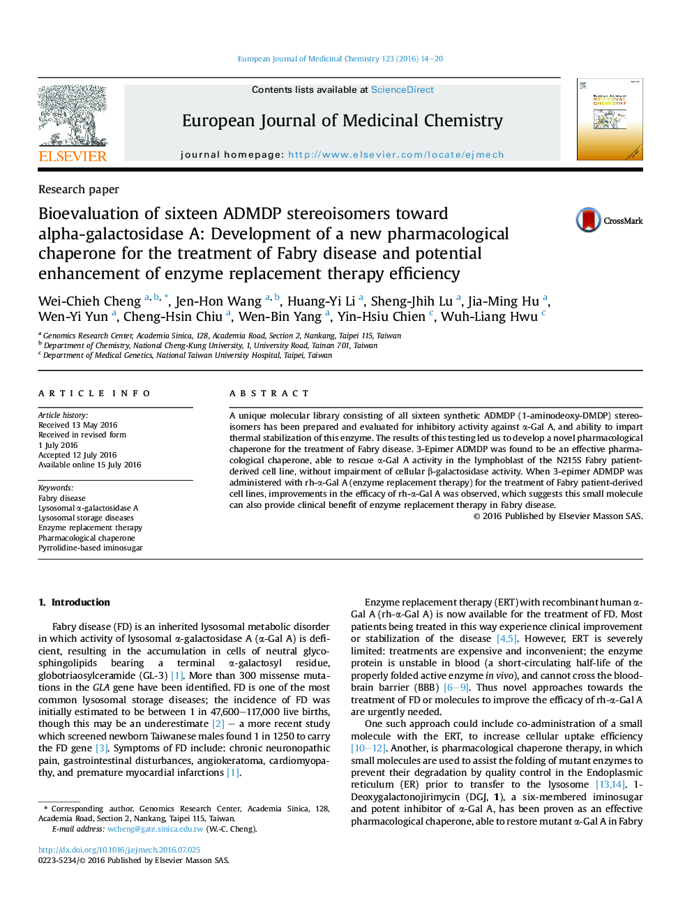 Bioevaluation of sixteen ADMDP stereoisomers toward alpha-galactosidase A: Development of a new pharmacological chaperone for the treatment of Fabry disease and potential enhancement of enzyme replacement therapy efficiency