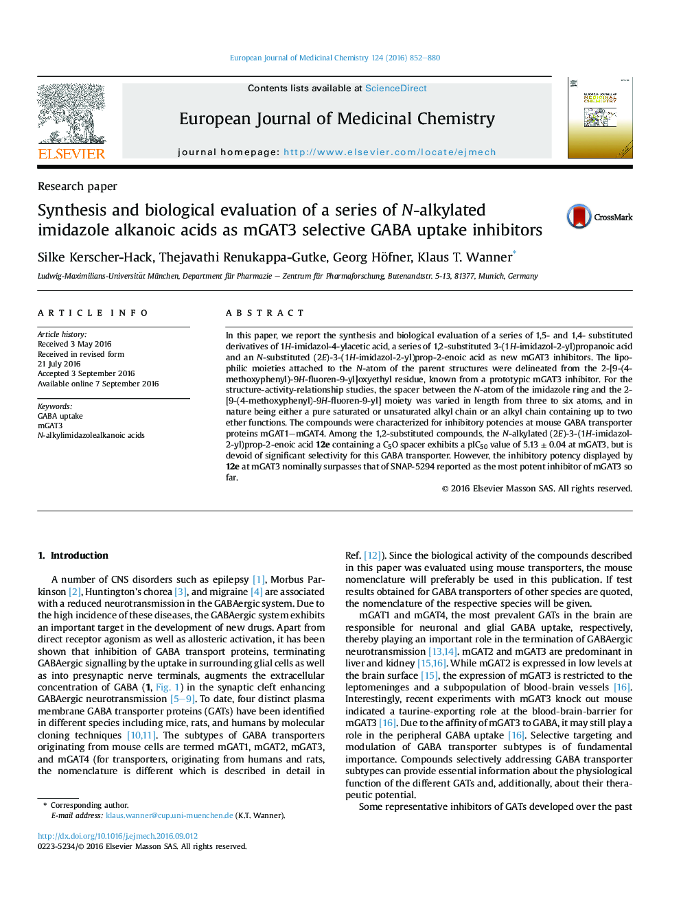 Synthesis and biological evaluation of a series of N-alkylated imidazole alkanoic acids as mGAT3 selective GABA uptake inhibitors