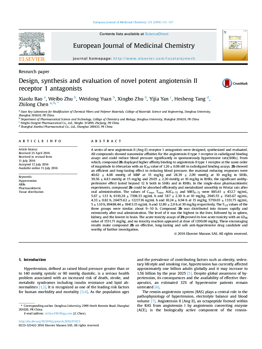 Design, synthesis and evaluation of novel potent angiotensin II receptor 1 antagonists