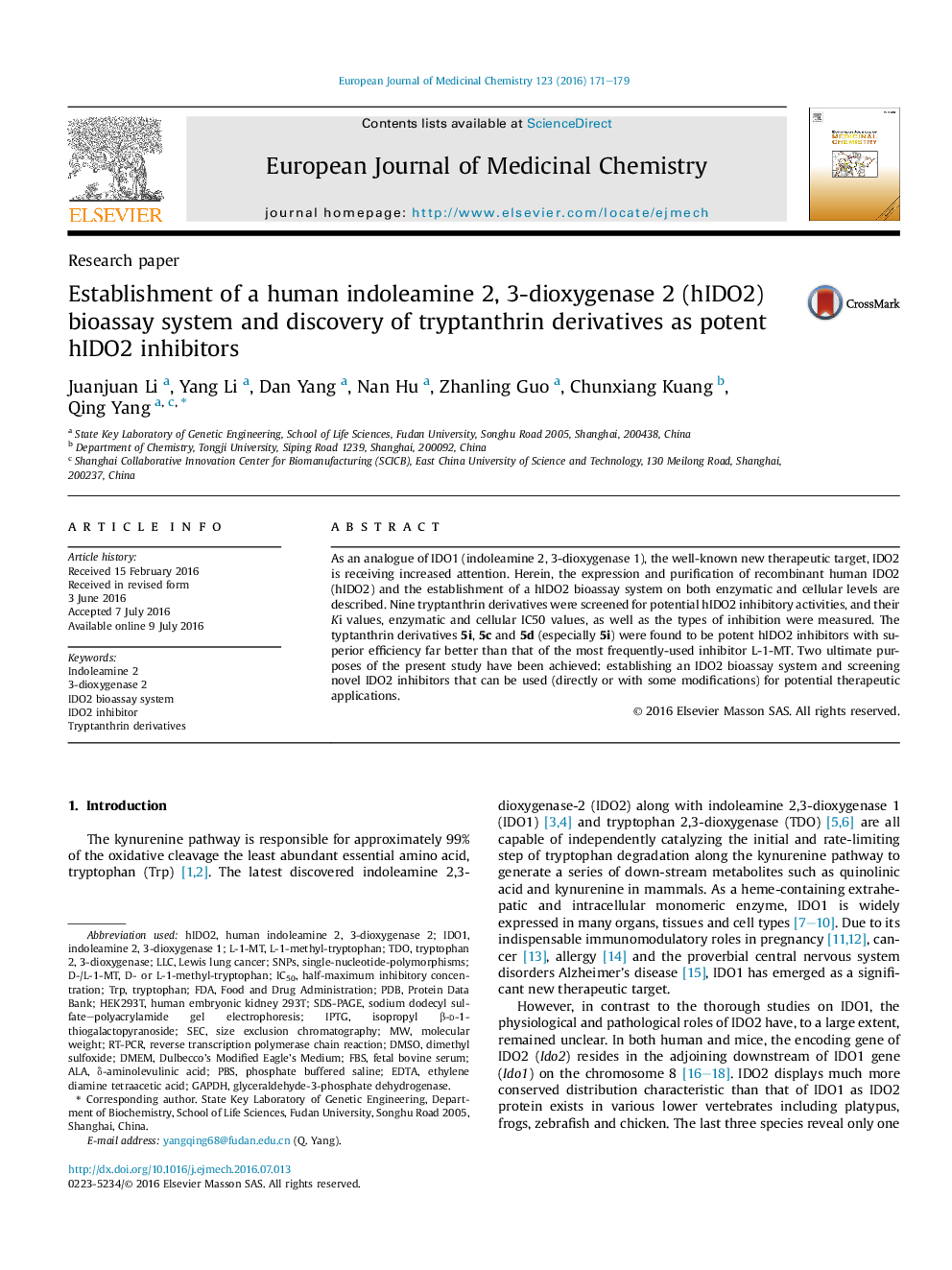 Establishment of a human indoleamine 2, 3-dioxygenase 2 (hIDO2) bioassay system and discovery of tryptanthrin derivatives as potent hIDO2 inhibitors