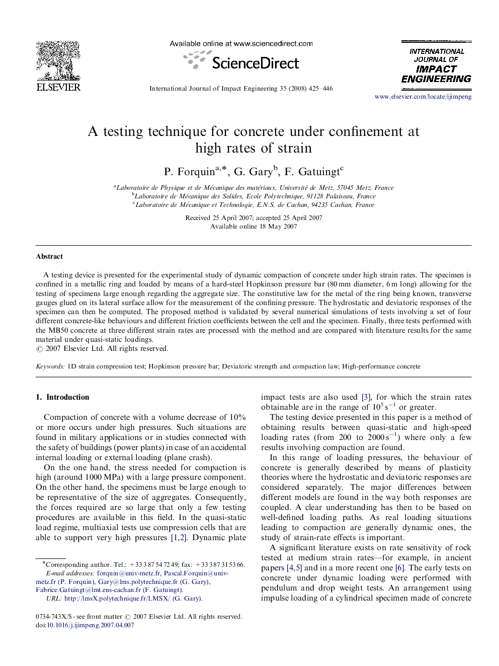 A testing technique for concrete under confinement at high rates of strain