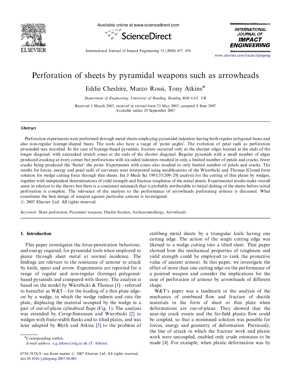 Perforation of sheets by pyramidal weapons such as arrowheads