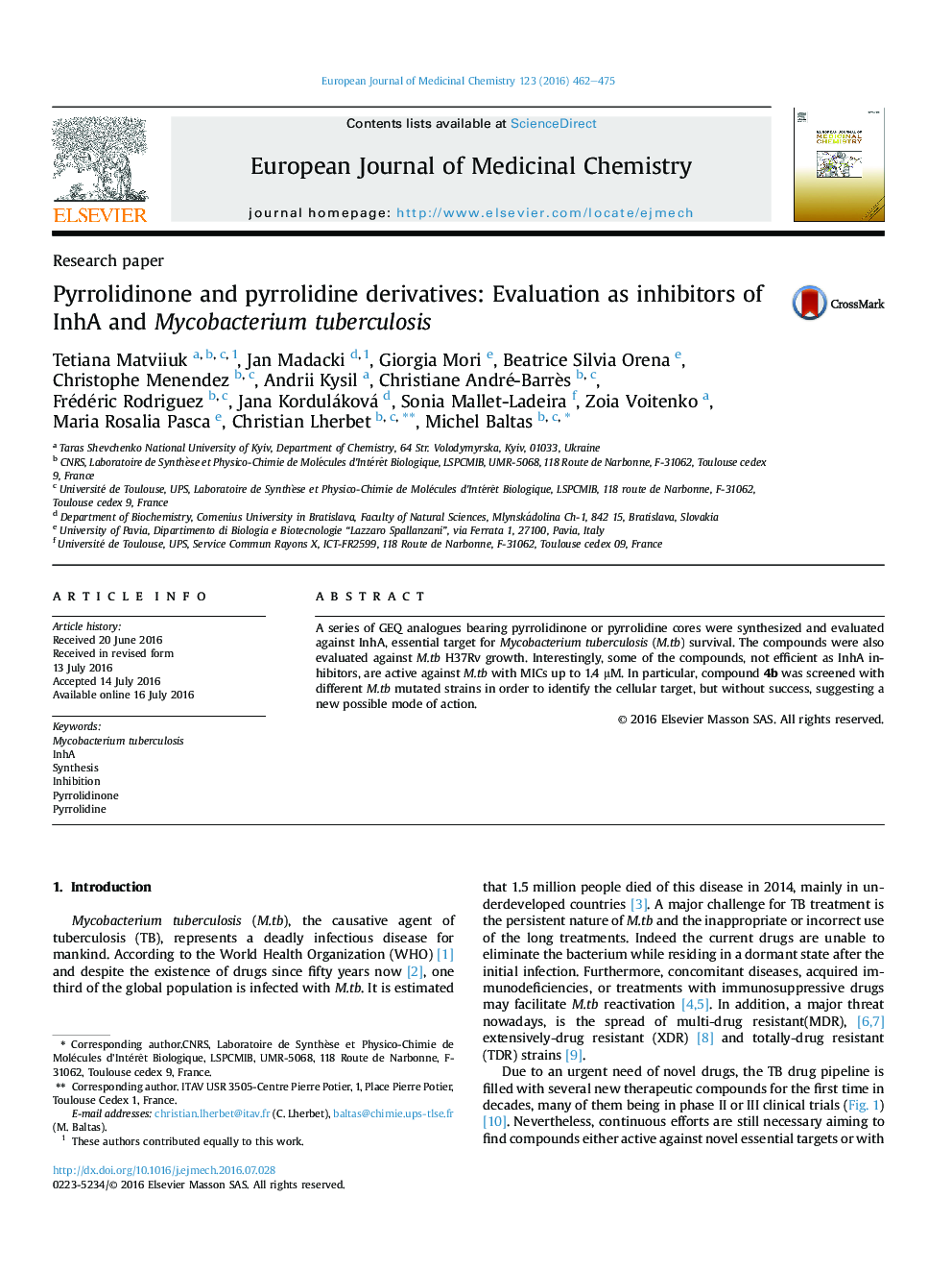 Pyrrolidinone and pyrrolidine derivatives: Evaluation as inhibitors of InhA and Mycobacterium tuberculosis