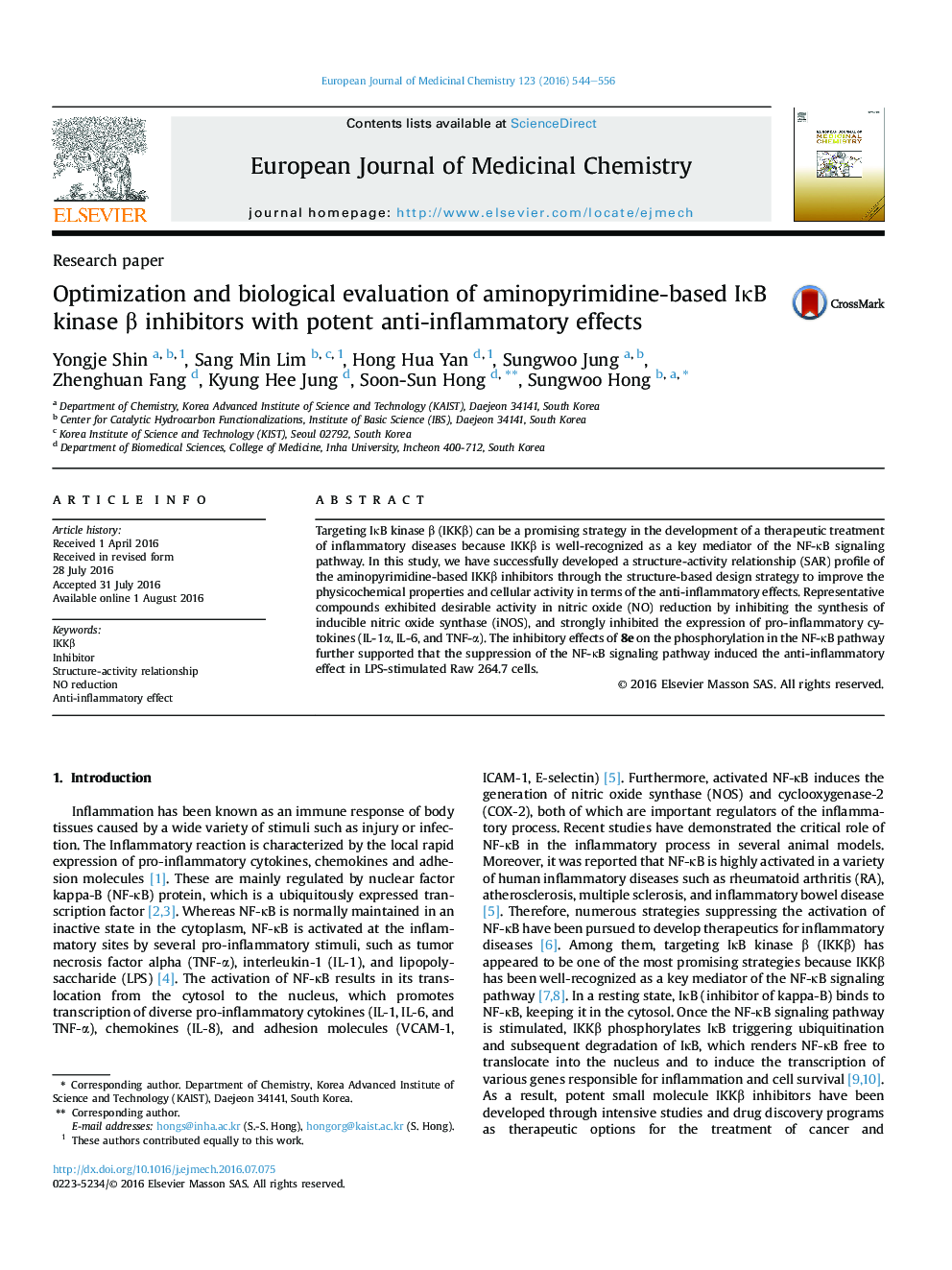 Optimization and biological evaluation of aminopyrimidine-based IÎºB kinase Î² inhibitors with potent anti-inflammatory effects