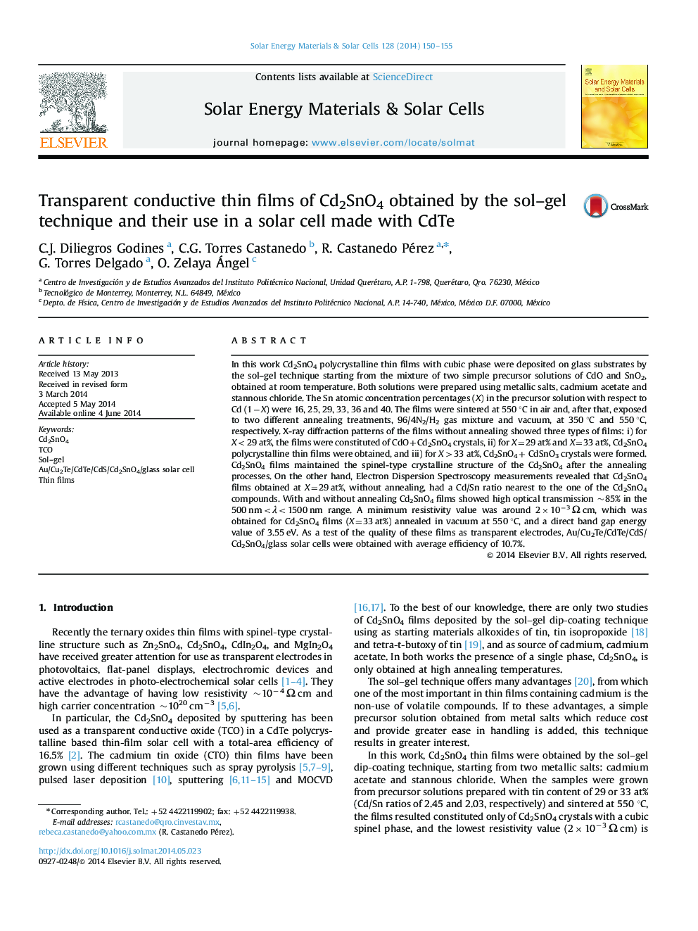 Transparent conductive thin films of Cd2SnO4 obtained by the sol–gel technique and their use in a solar cell made with CdTe