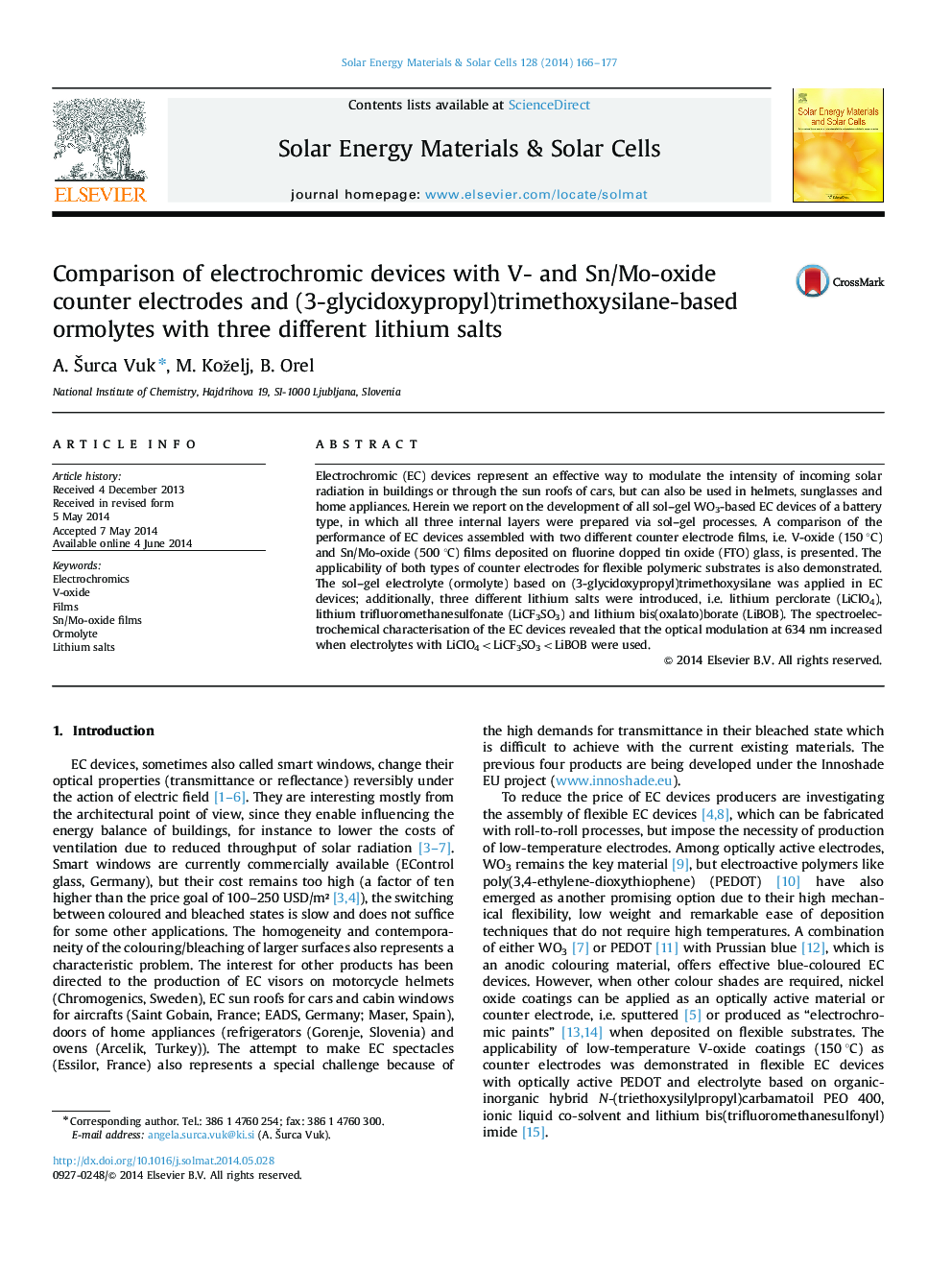 Comparison of electrochromic devices with V- and Sn/Mo-oxide counter electrodes and (3-glycidoxypropyl)trimethoxysilane-based ormolytes with three different lithium salts