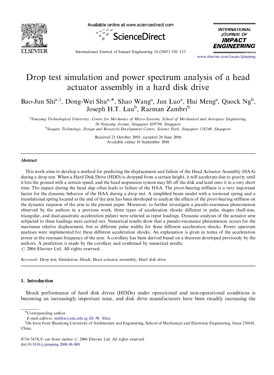 Drop test simulation and power spectrum analysis of a head actuator assembly in a hard disk drive