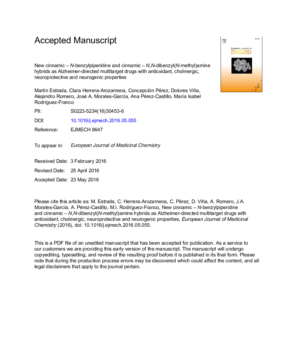 عکس صفحه اول مقاله: New cinnamic - N-benzylpiperidine and cinnamic - N,N-dibenzyl(N-methyl)amine hybrids as Alzheimer-directed multitarget drugs with antioxidant, cholinergic, neuroprotective and neurogenic properties New cinnamic - N-benzylpiperidine and cinnamic - N,N-dibenzyl(N-methyl)amine hybrids as Alzheimer-directed multitarget drugs with antioxidant, cholinergic, neuroprotective and neurogenic properties