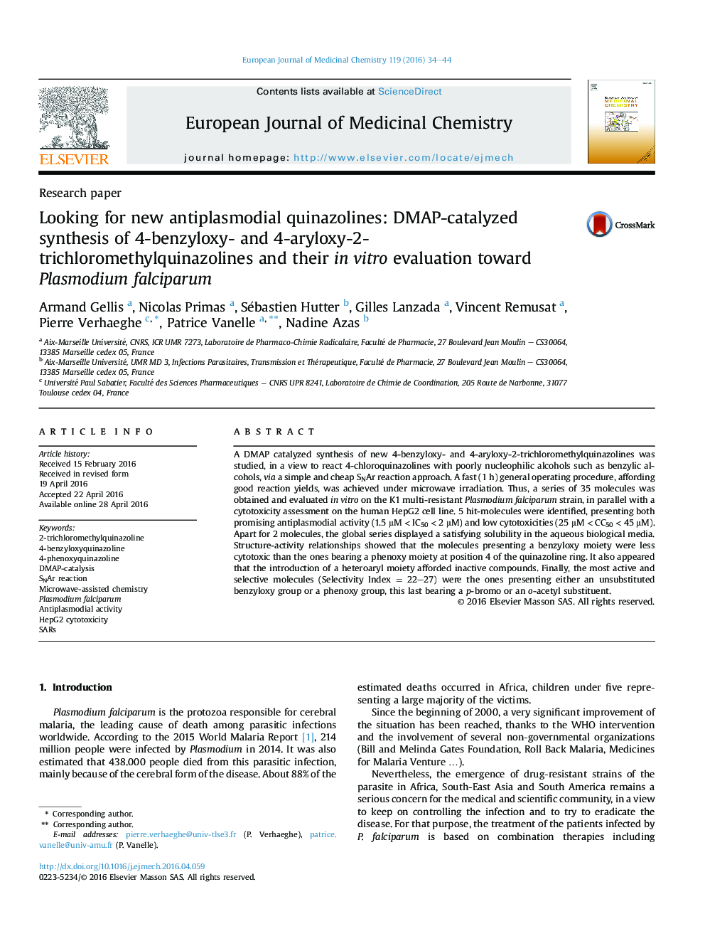 Looking for new antiplasmodial quinazolines: DMAP-catalyzed synthesis of 4-benzyloxy- and 4-aryloxy-2-trichloromethylquinazolines and their inÂ vitro evaluation toward Plasmodium falciparum