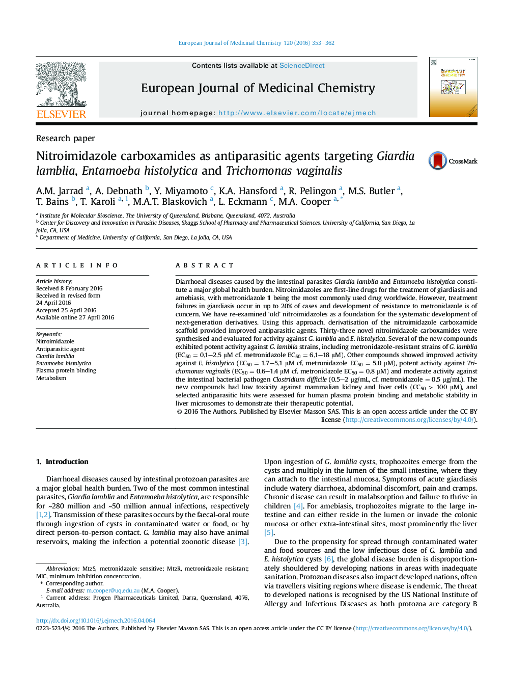 Nitroimidazole carboxamides as antiparasitic agents targeting Giardia lamblia, Entamoeba histolytica and Trichomonas vaginalis