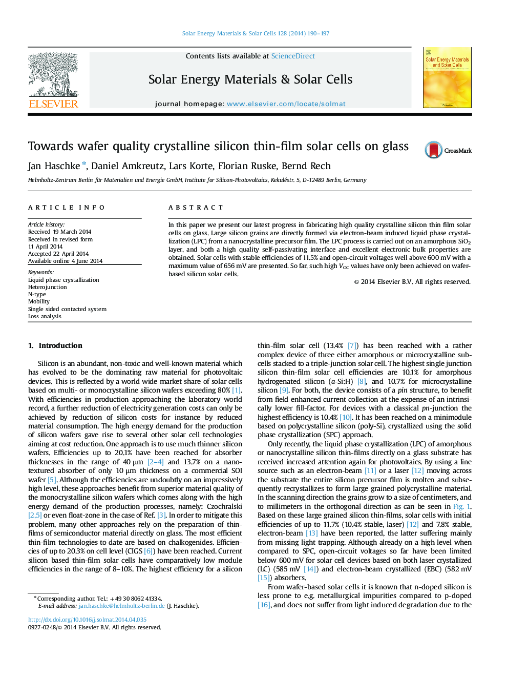 Towards wafer quality crystalline silicon thin-film solar cells on glass