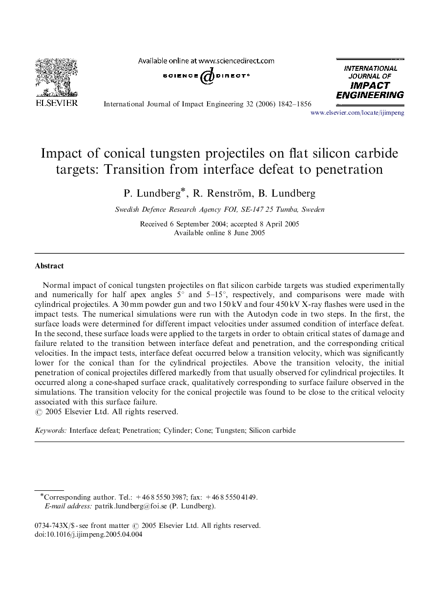 Impact of conical tungsten projectiles on flat silicon carbide targets: Transition from interface defeat to penetration