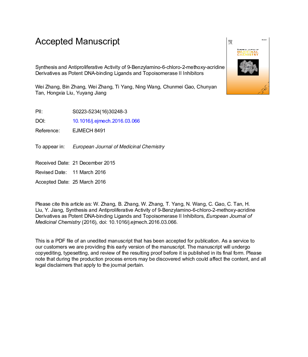 عکس صفحه اول مقاله: Synthesis and antiproliferative activity of 9-benzylamino-6-chloro-2-methoxy-acridine derivatives as potent DNA-binding ligands and topoisomerase II inhibitors Synthesis and antiproliferative activity of 9-benzylamino-6-chloro-2-methoxy-acridine derivatives as potent DNA-binding ligands and topoisomerase II inhibitors