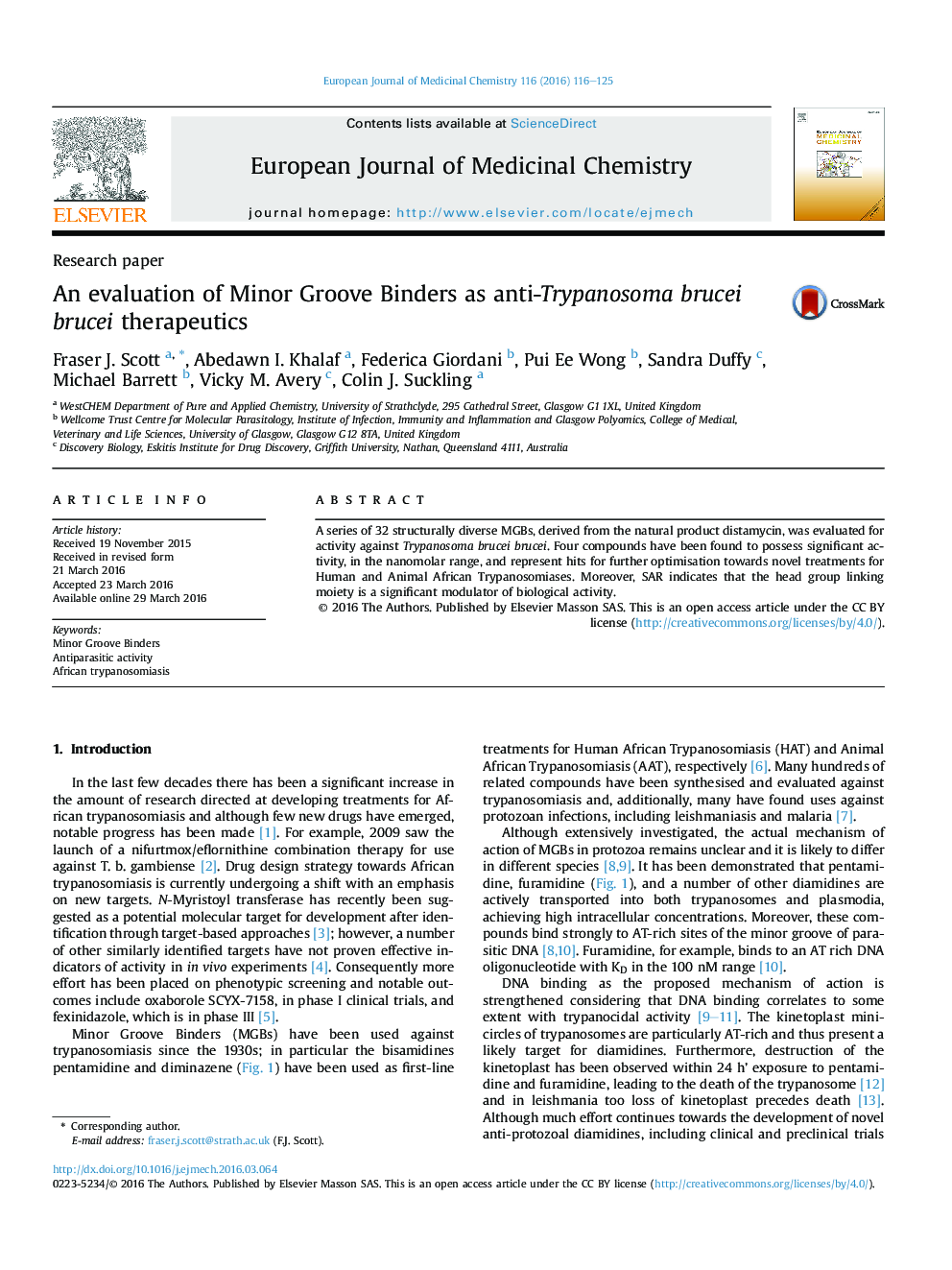 An evaluation of Minor Groove Binders as anti-Trypanosoma brucei brucei therapeutics