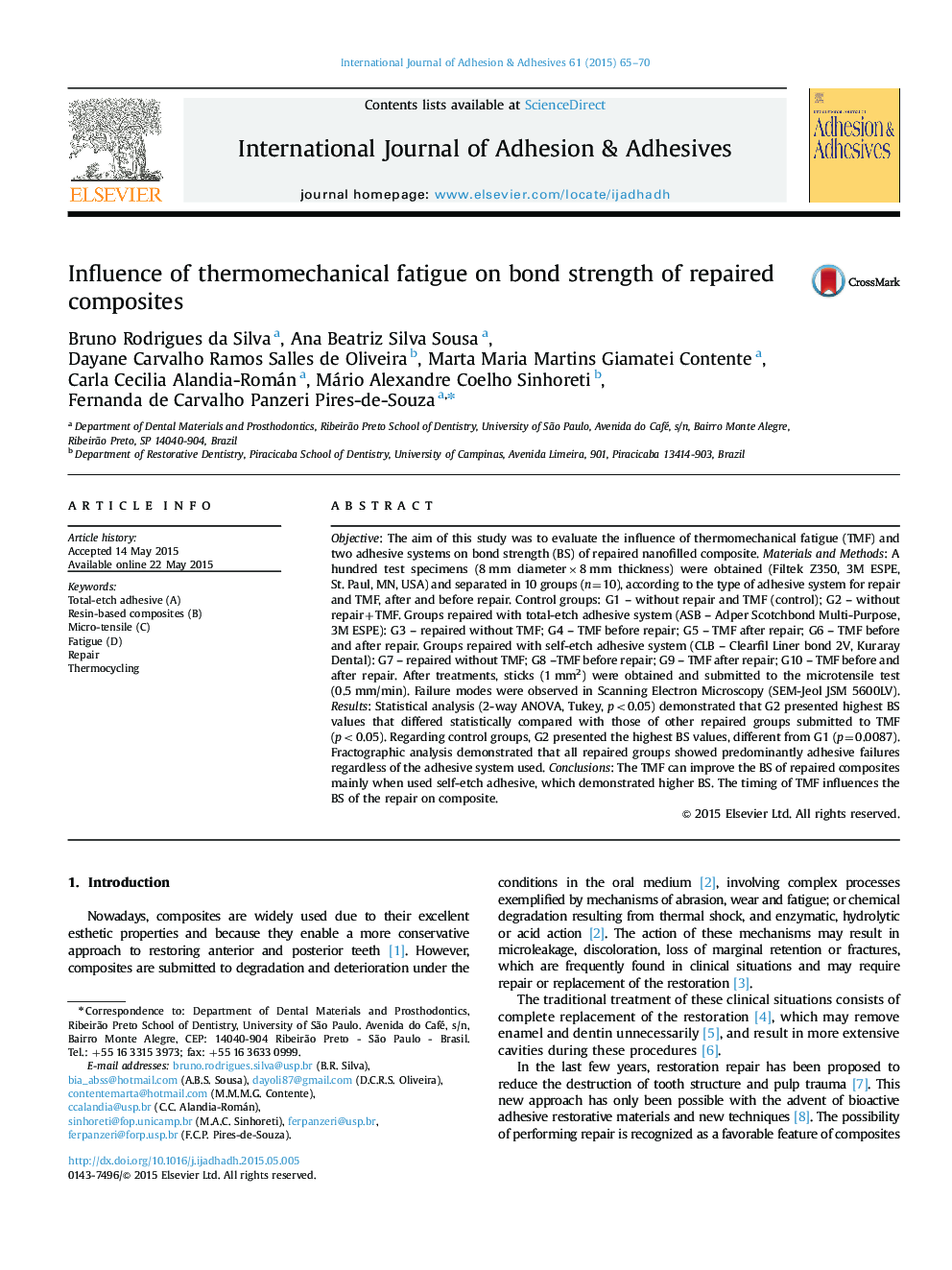 Influence of thermomechanical fatigue on bond strength of repaired composites