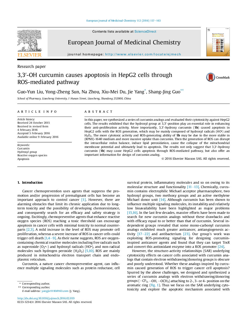 3,3â²-OH curcumin causes apoptosis in HepG2 cells through ROS-mediated pathway