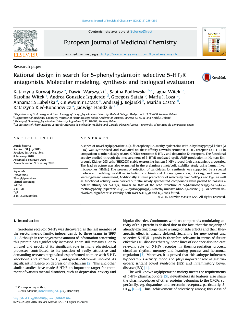 Rational design in search for 5-phenylhydantoin selective 5-HT7R antagonists. Molecular modeling, synthesis and biological evaluation