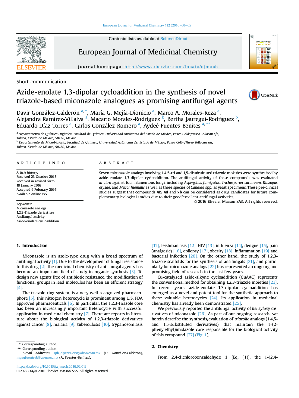 Azide-enolate 1,3-dipolar cycloaddition in the synthesis of novel triazole-based miconazole analogues as promising antifungal agents