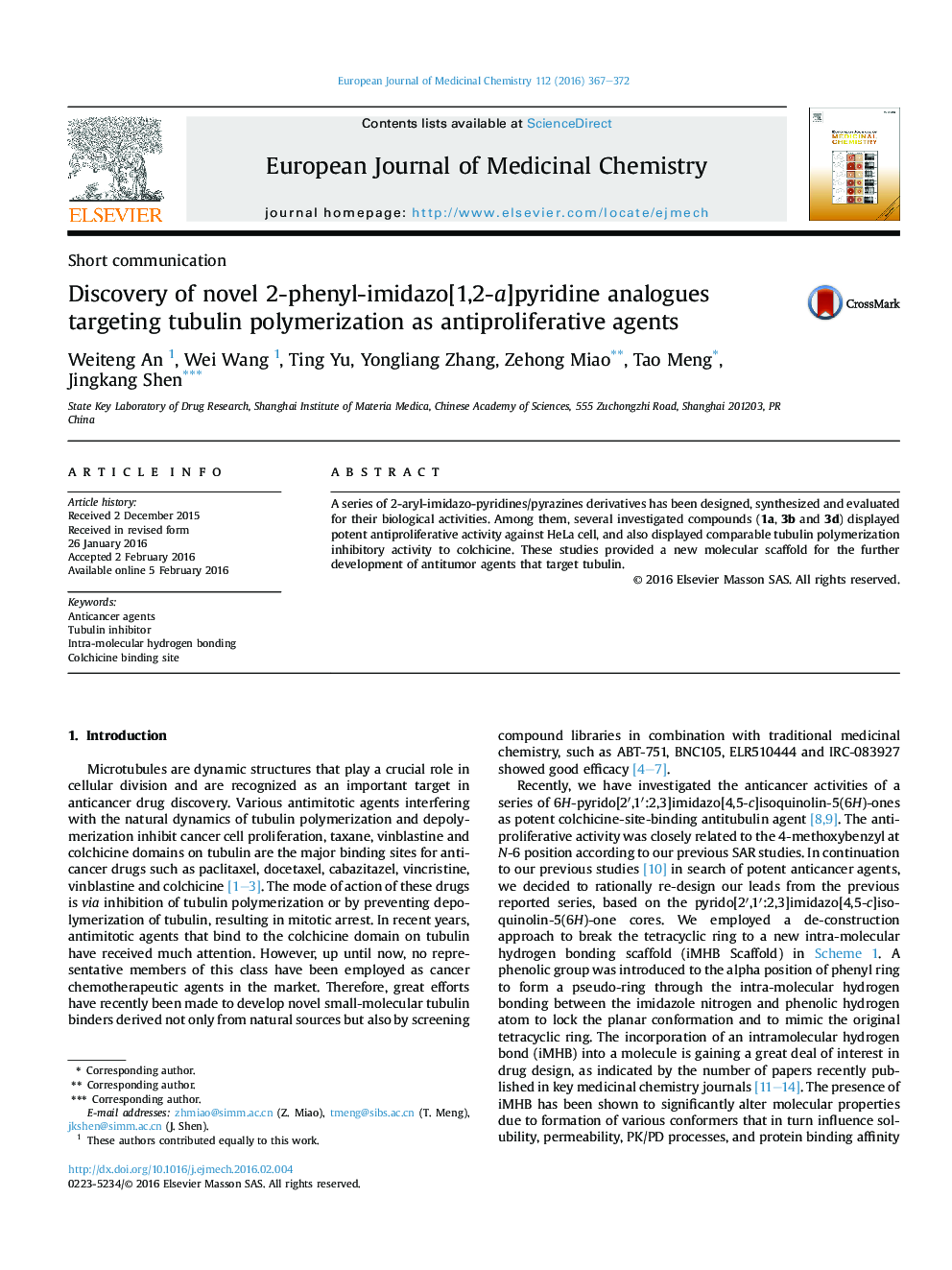 Discovery of novel 2-phenyl-imidazo[1,2-a]pyridine analogues targeting tubulin polymerization as antiproliferative agents